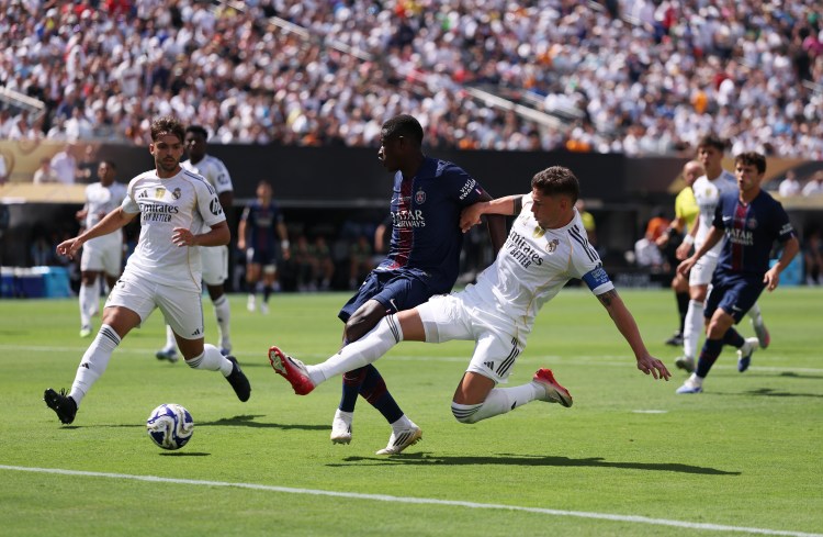 Mundial de Clubes 2025: Dembelé, do PSG, chuta a gol no jogo com o Real Madrid (Foto: Justin Setterfield - FIFA-FIFA via Getty Images/Divulgação)